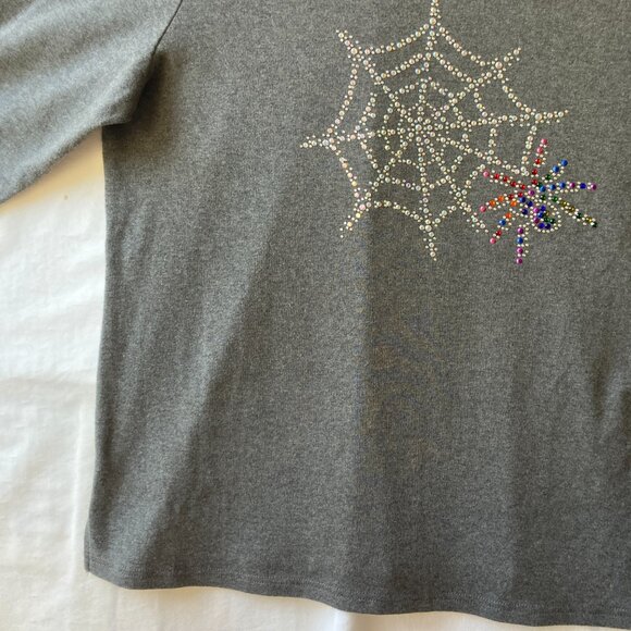 Quacker Factory Womens Shirt Spider Web Size Large Gray Grey Jersey Rhinestones - Picture 6 of 16